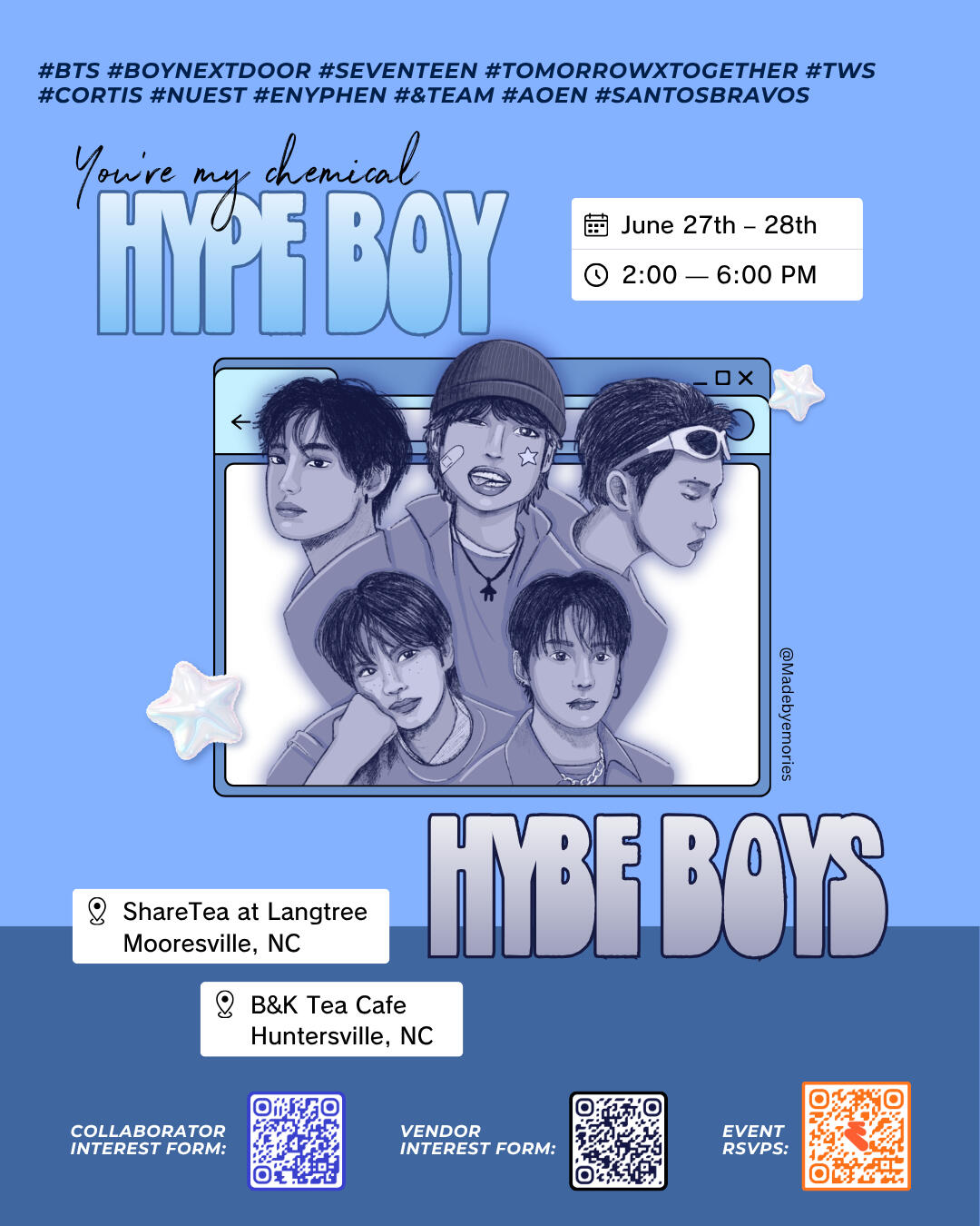 Event flyer for BTS and Boba, Arirang Community Event, on March 14th from 2pm to 6pm, at B&K Mooresville, North Carolina.